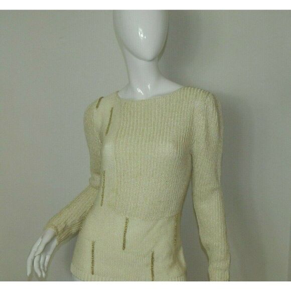 Nannell Sweater Vintage Knit Ivory‎ Gold Puffy Sleeves Art Deco Size Small - Picture 1 of 9